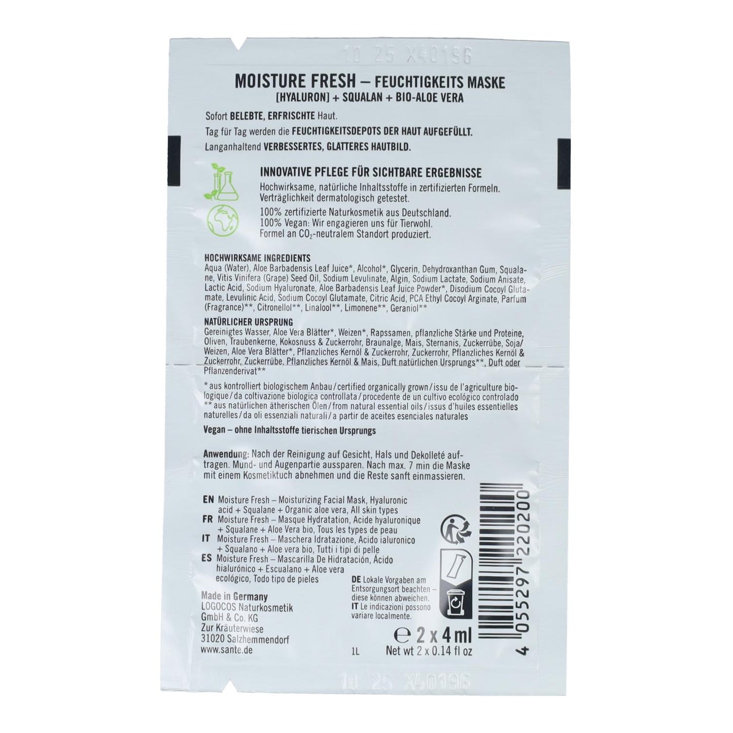 Masque hydratant frais à l'acide hyaluronique et à l'aloès, Sante 2 x 4 ml