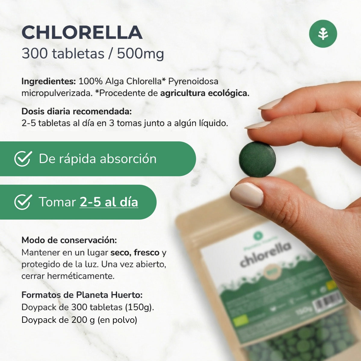 Organic Chlorella 400 mg Planeta Huerto 300 tablets