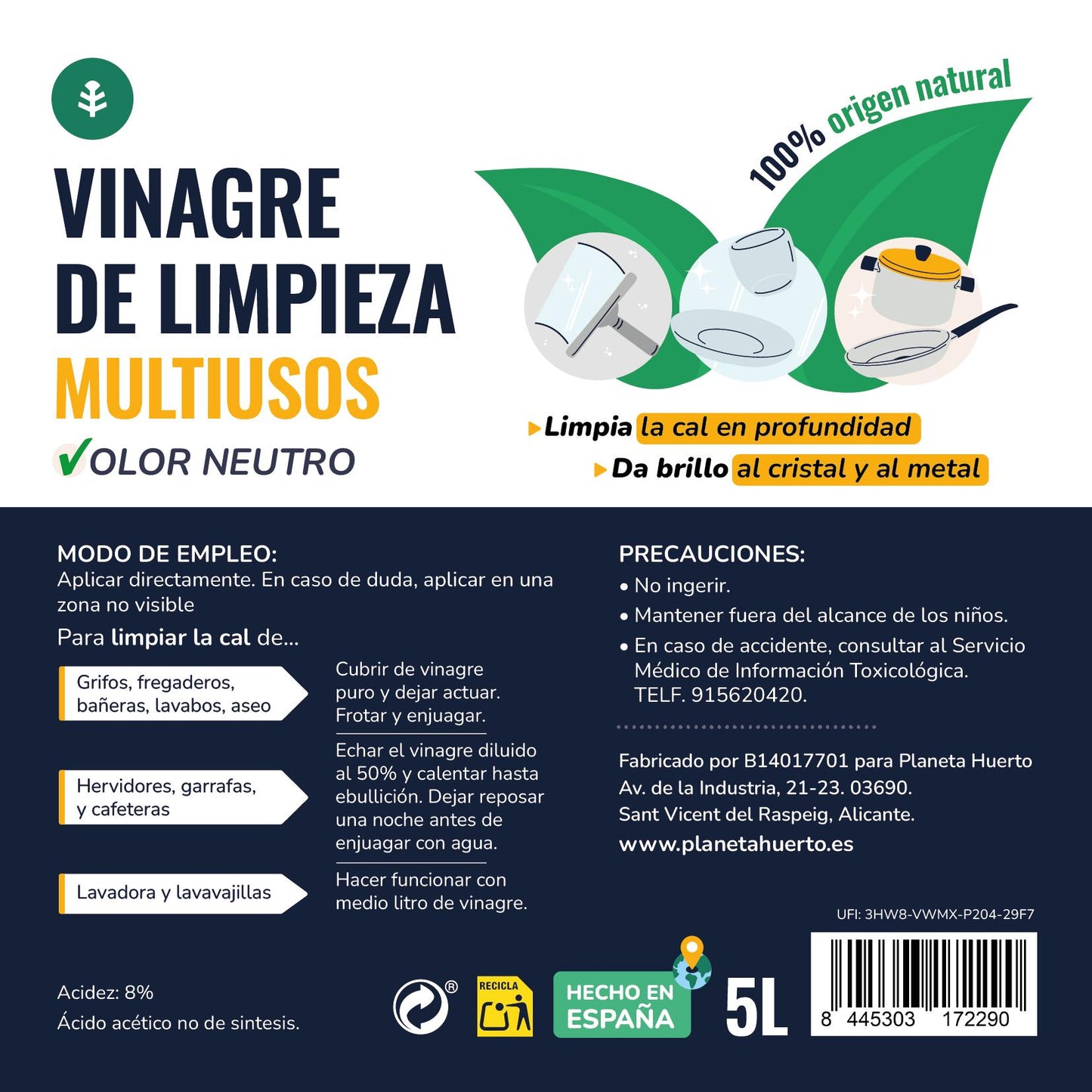 Aceto di pulizia bianco 5L Planeta Huerto