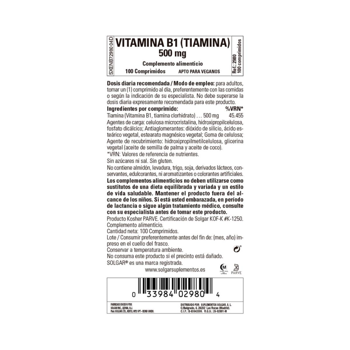 Vitamina B1, 100 compresse da 500 mg