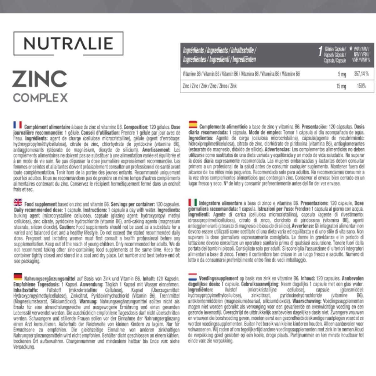 Nutralie Zinc avec vitamine B6 Acné Peau Cheveux Végétalien 120 gélules