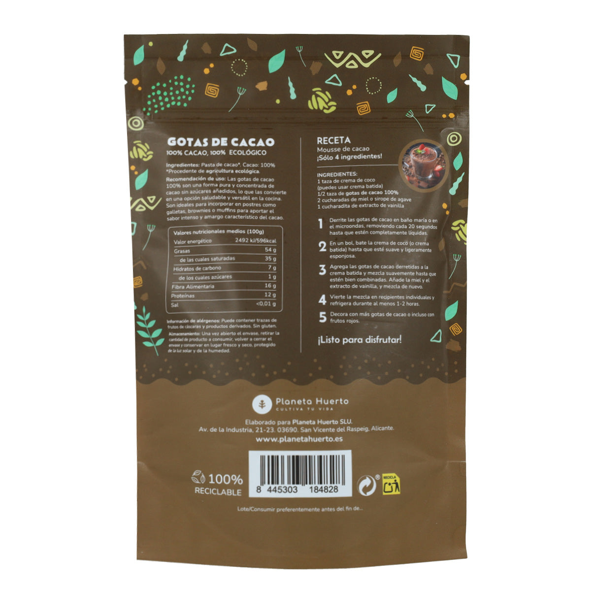 Chocolate Drops 100% cocoa ECO Planeta Huerto 200 g