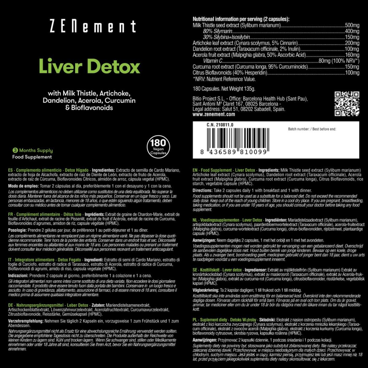 Leverdetox met mariadistel + artisjok + paardenbloem + acerola + kurkuma en bioflavonoïden Zenement, 180 tabletten