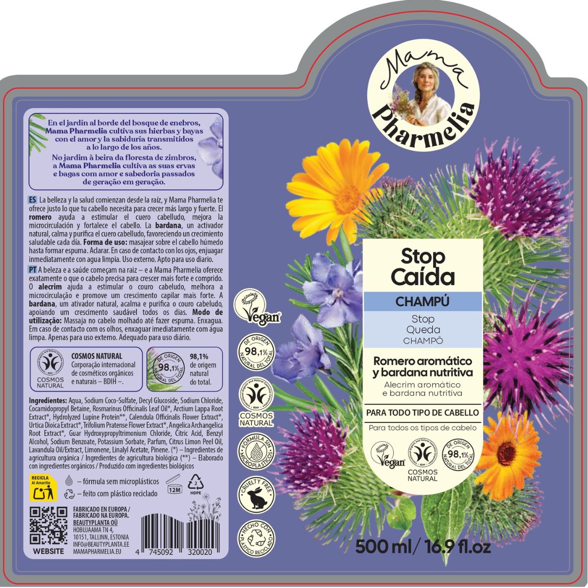 Shampoo anticaduta con rosmarino aromatico e bardana nutriente, Mama Pharmelia, 500 ml