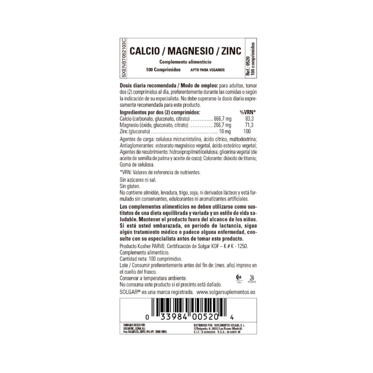 Calcium en magnesium met zink 100 tabletten Solgar