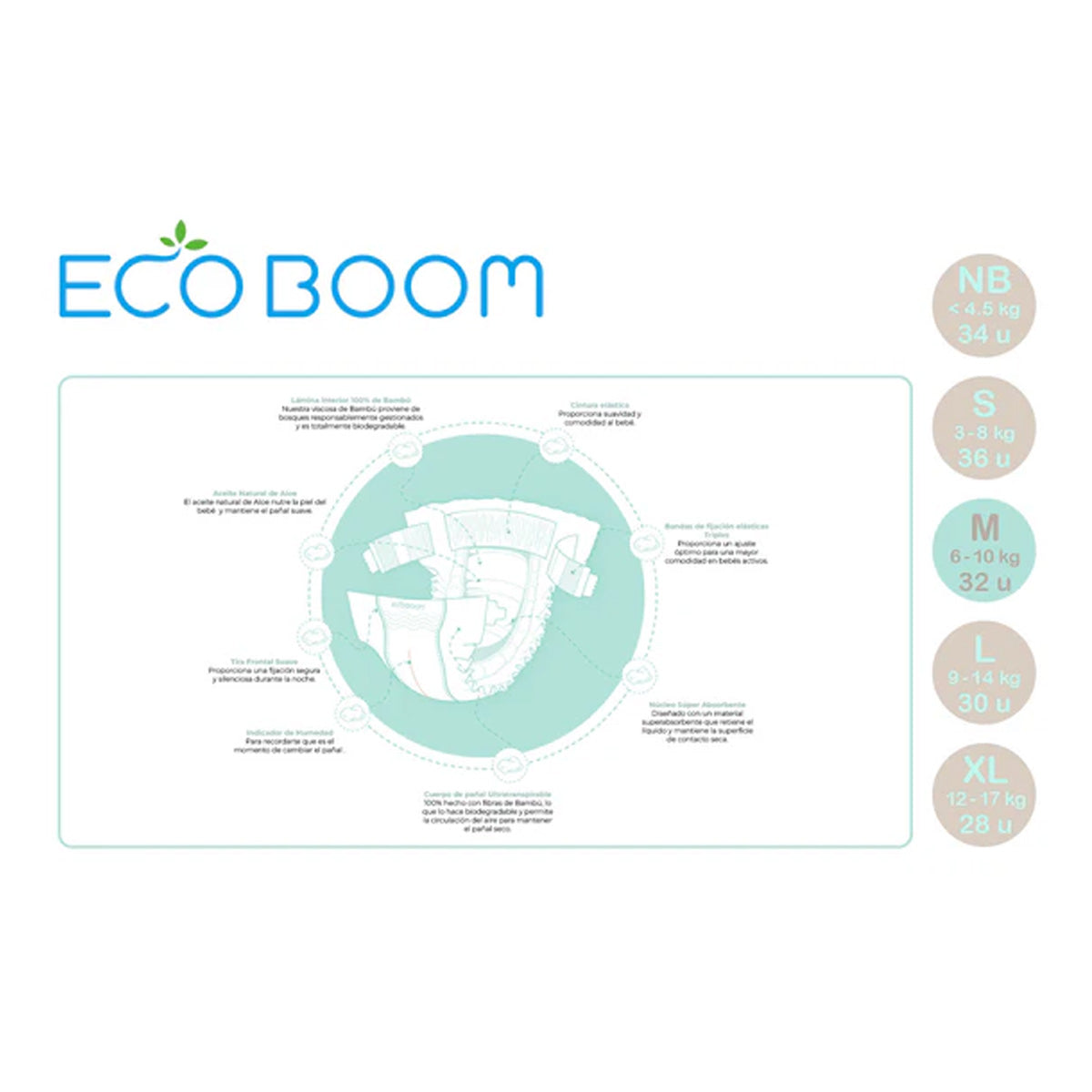 Pannolini di bambù Pure Premium ECO BOOM T3 (da 6 a 10 kg) 32 pezzi