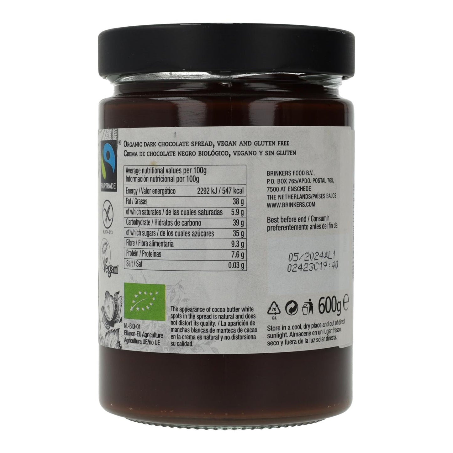 Crema al cioccolato fondente vegana senza glutine La Vida Vegan, 600 g