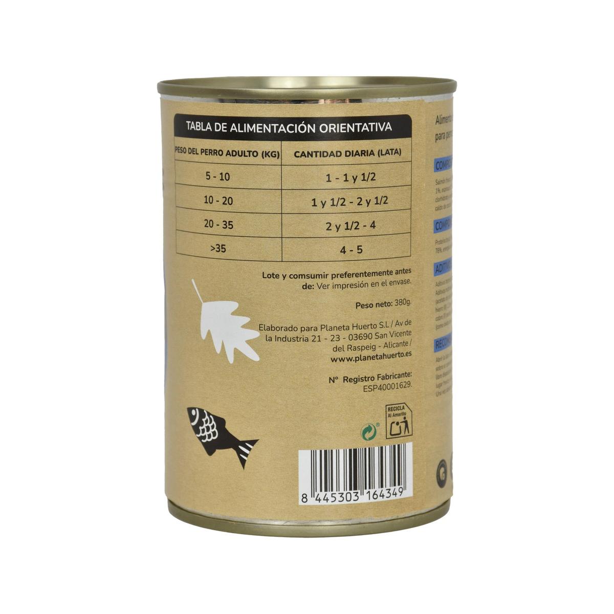 Confezione 12 x Cibo umido per cani Superpremium senza cereali Salmone 380 g Planeta Huerto