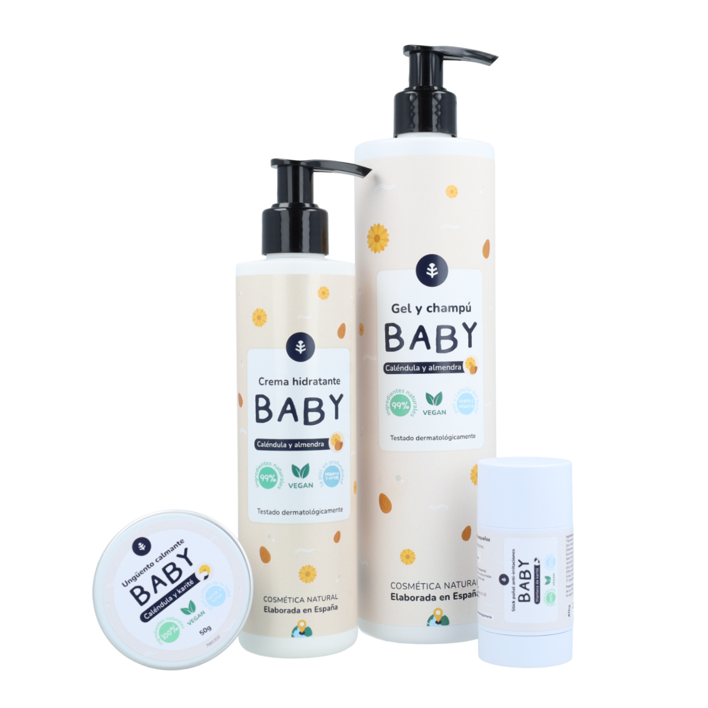 Pacchetto di benvenuto per bambini: gel e shampoo per bambini, crema per il corpo, unguento lenitivo e stick per pannolini Planeta Huerto