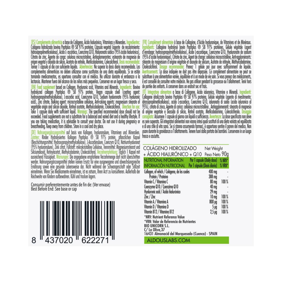 Gehydrolyseerd collageen + hyaluronzuur + co-enzym Q10 + vitamines + zink, 120 caps. Aldous Labs