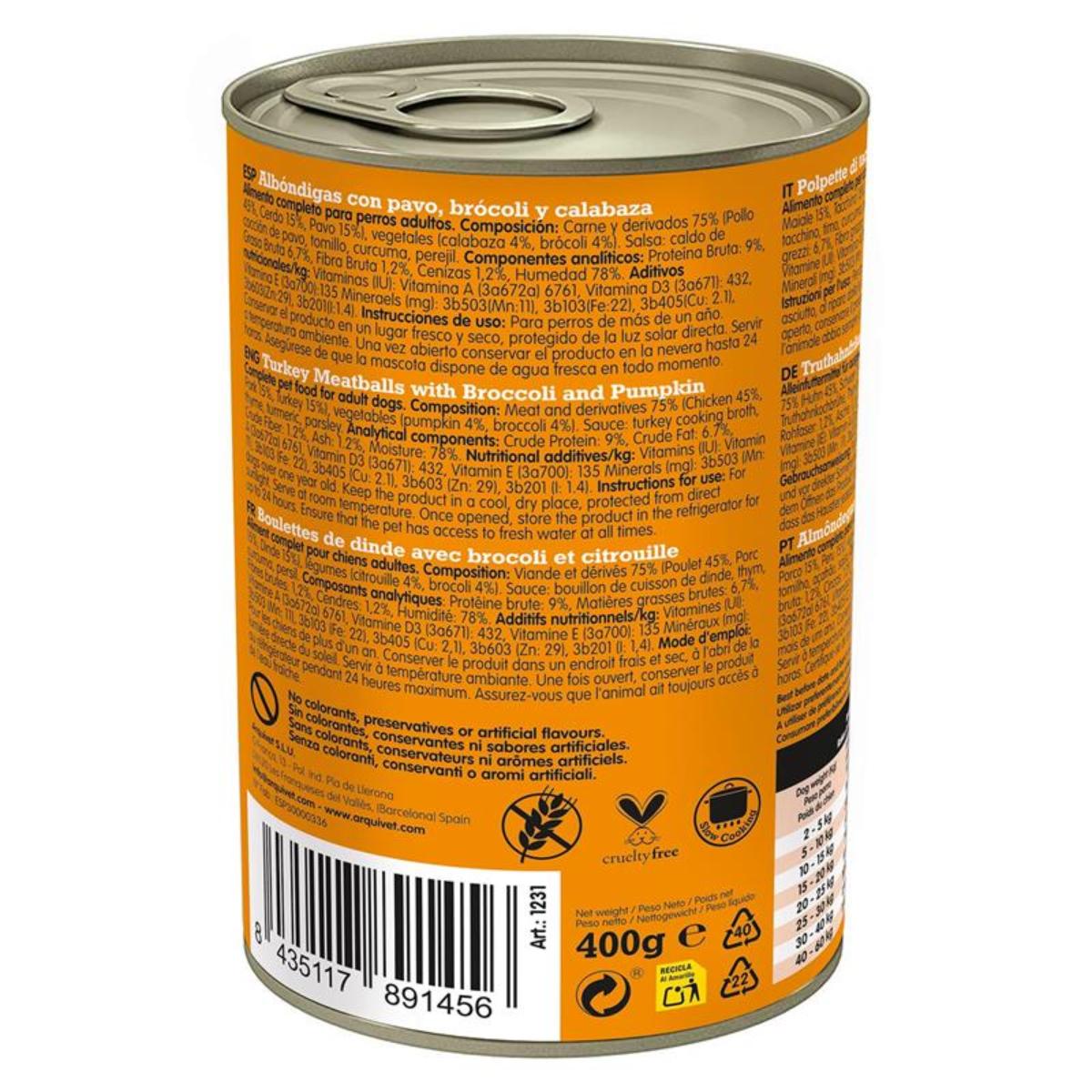 Fresh Turkey Meatballs Arquivet 400 g Comida húmeda para perro con pavo, brócoli y calabaza