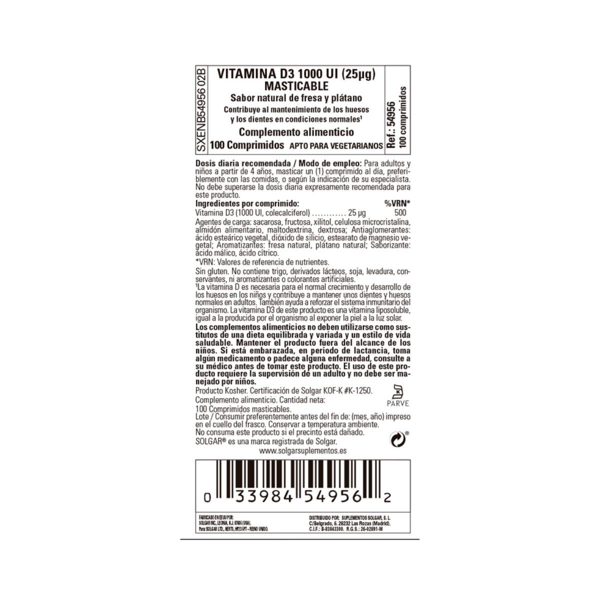 Vitamina D3 1000 UI, 100 compresse masticabili da 25μg