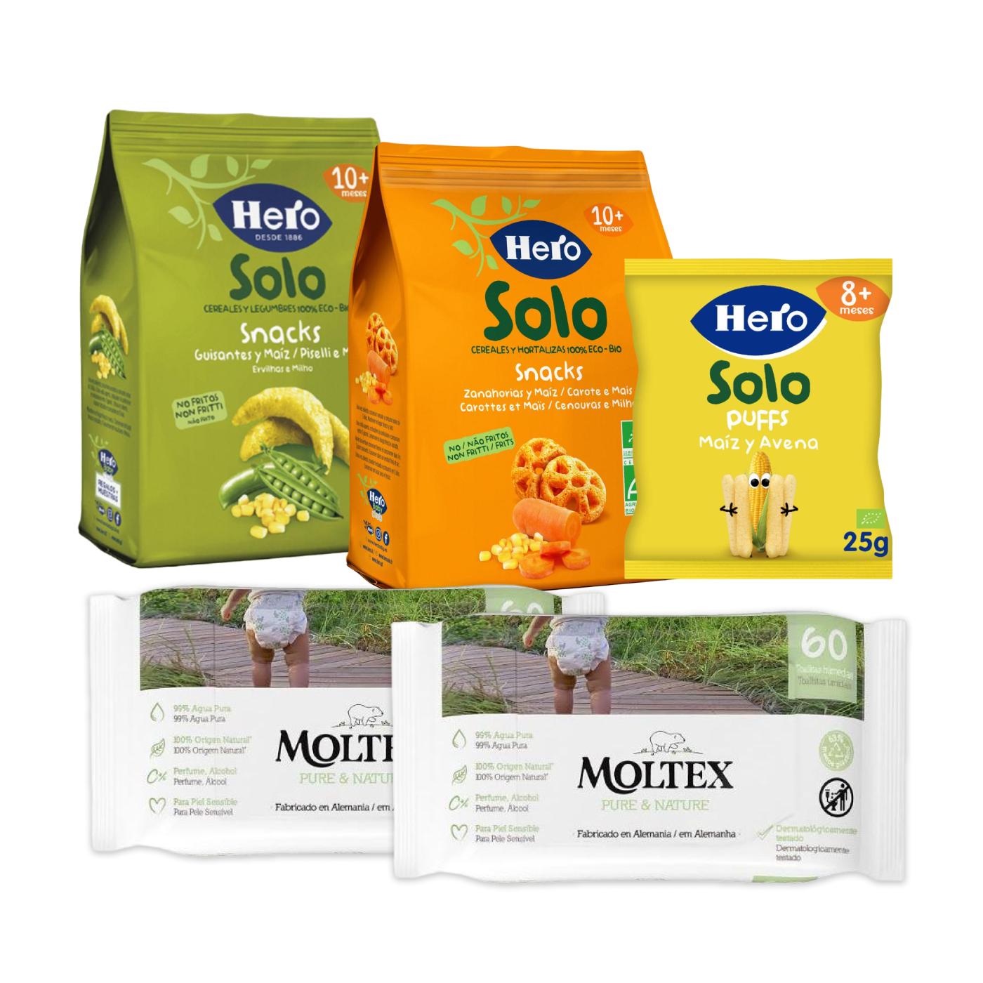 Packung Snacks mit Karotten und Mais Hero + Snack mit Mais und Hafer Hero + Snack mit Erbsen und Mais Hero + 2 Moltex Pure & Nature Feuchttücher