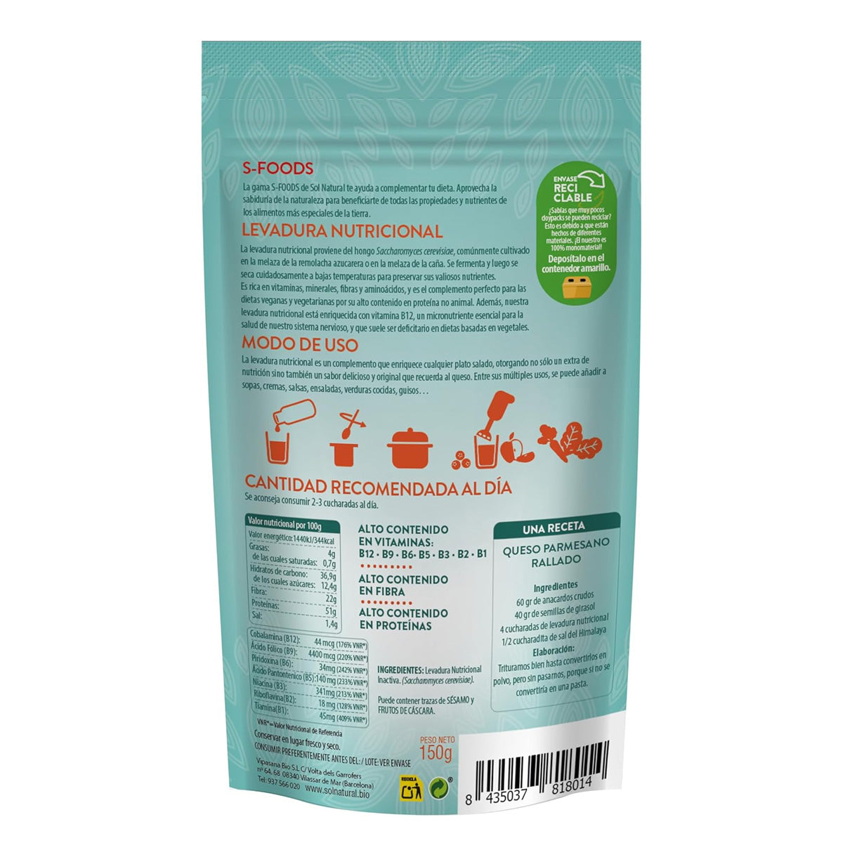Lievito alimentare con vitamina B12 Sol Natural 150 g