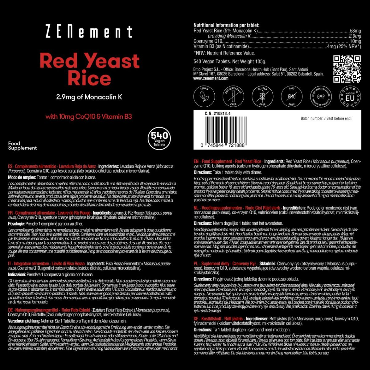 Red yeast rice, with 2.9 mg of Monacolin K + 10 mg of CoQ10 + 4 mg of Vitamin B3 Zenement, 540 tablets