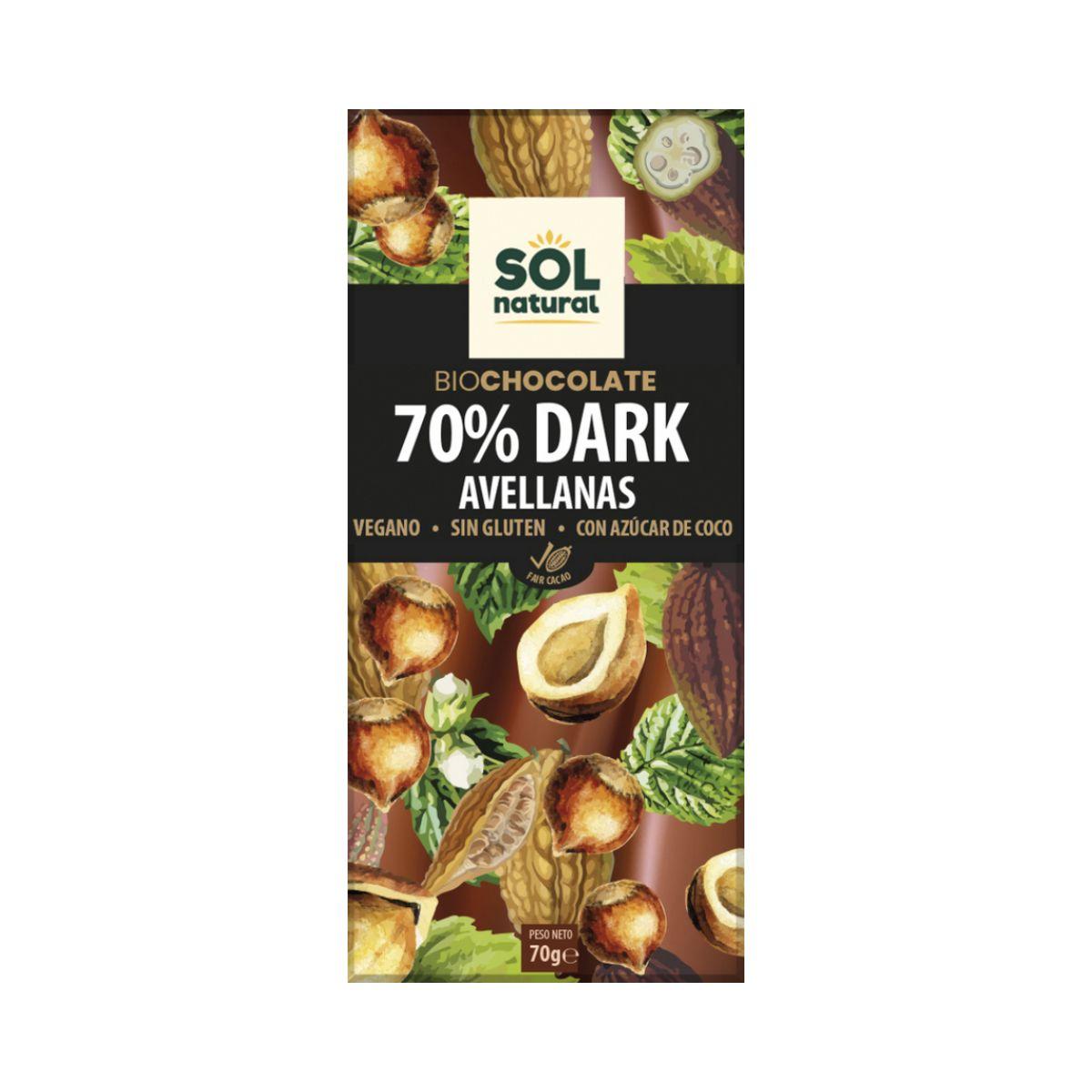 Vegane dunkle Schokolade 70 % mit Bio-Haselnüssen Sol Natural 70 g