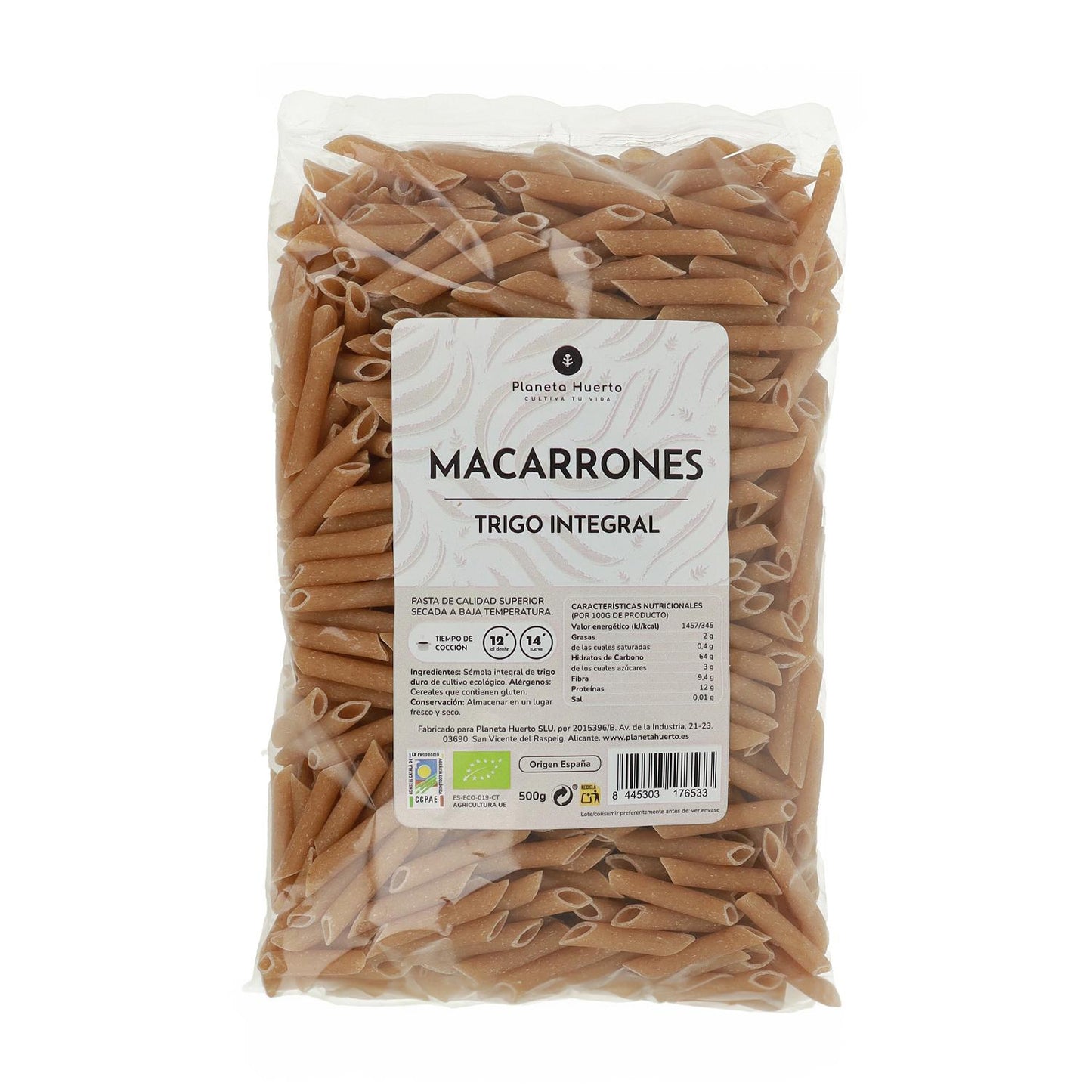 Macaroni de blé entier ECO Planeta Huerto 500gr