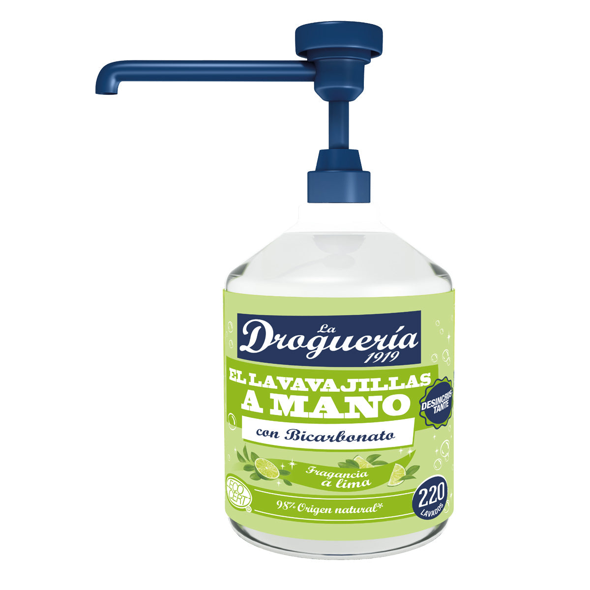 Afwasmiddel voor de hand, verdund met bicarbonaat, limoengeur, doseerbeker LA DROGUERIA 1919 500 ml