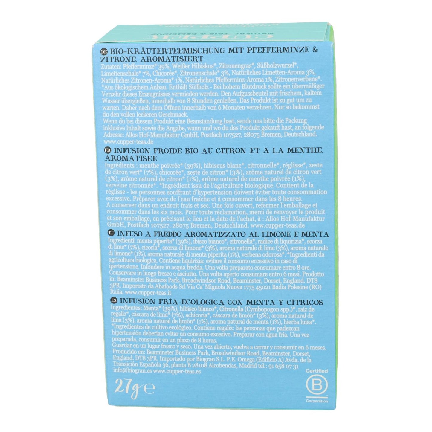 Bio-Kräutertee mit Minze und Zitrusfrüchten Cupper 10 Beutel