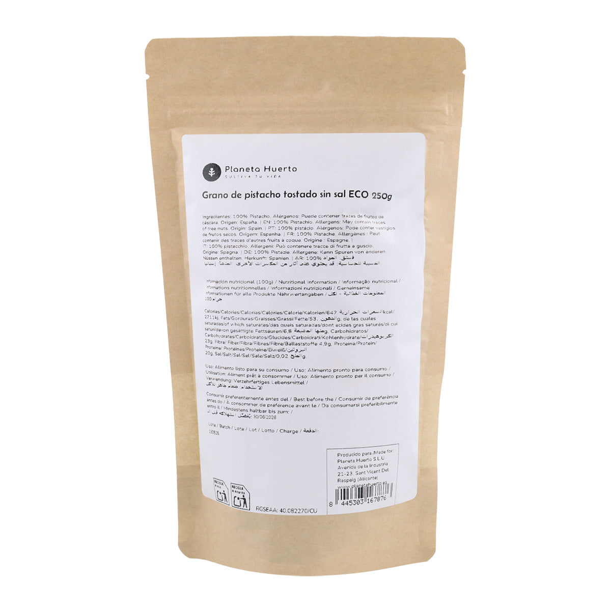 Roasted pistachio kernel, unsalted Eco Planeta Huerto 250 g