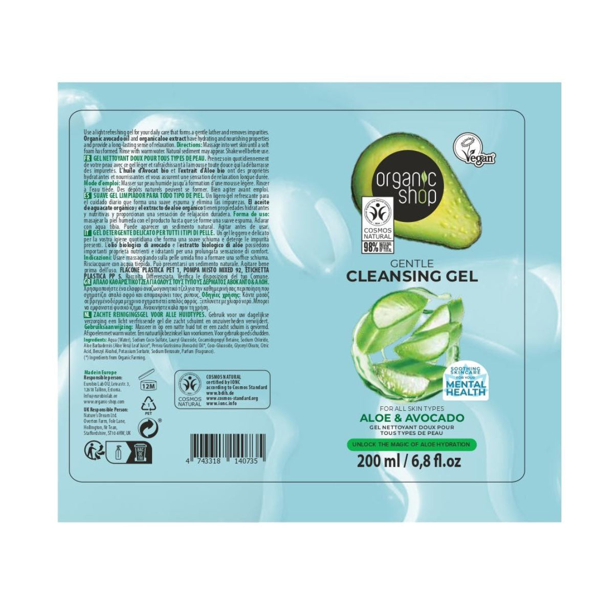 Milde reinigingsgel met aloë en avocado Organic Shop 200 ml