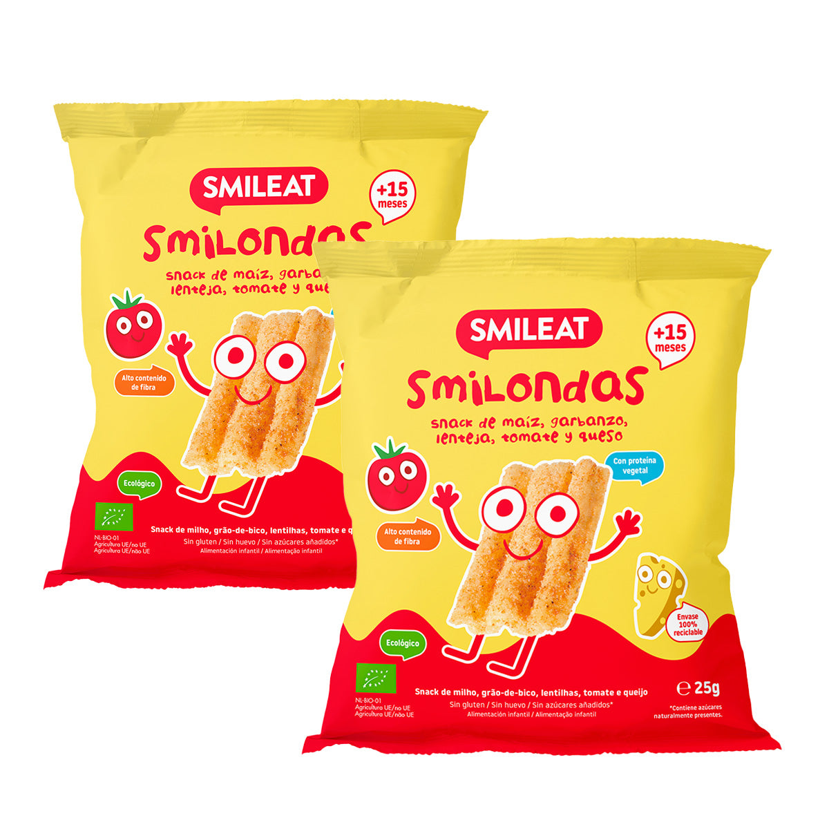 Zestaw 2x Smilondas Snack z kukurydzą, ciecierzycą, soczewicą, pomidorem i serem ekologicznym, Smileat, 25 g