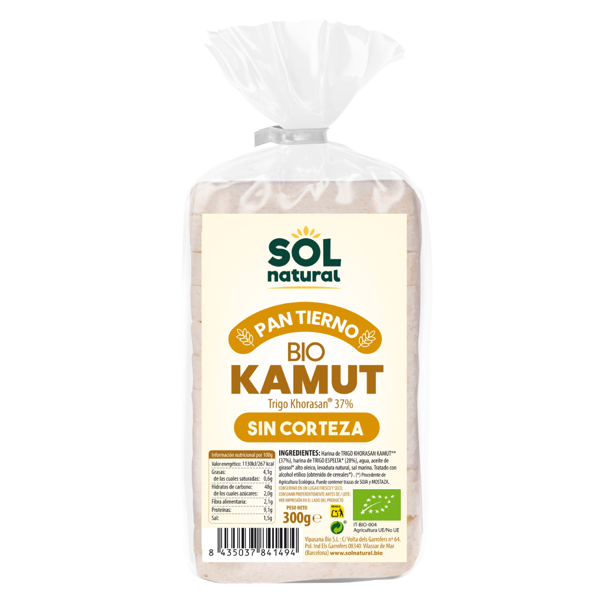 Bio-Sol-Naturbrot ohne Kruste, geschnitten aus Kamut, 300 g