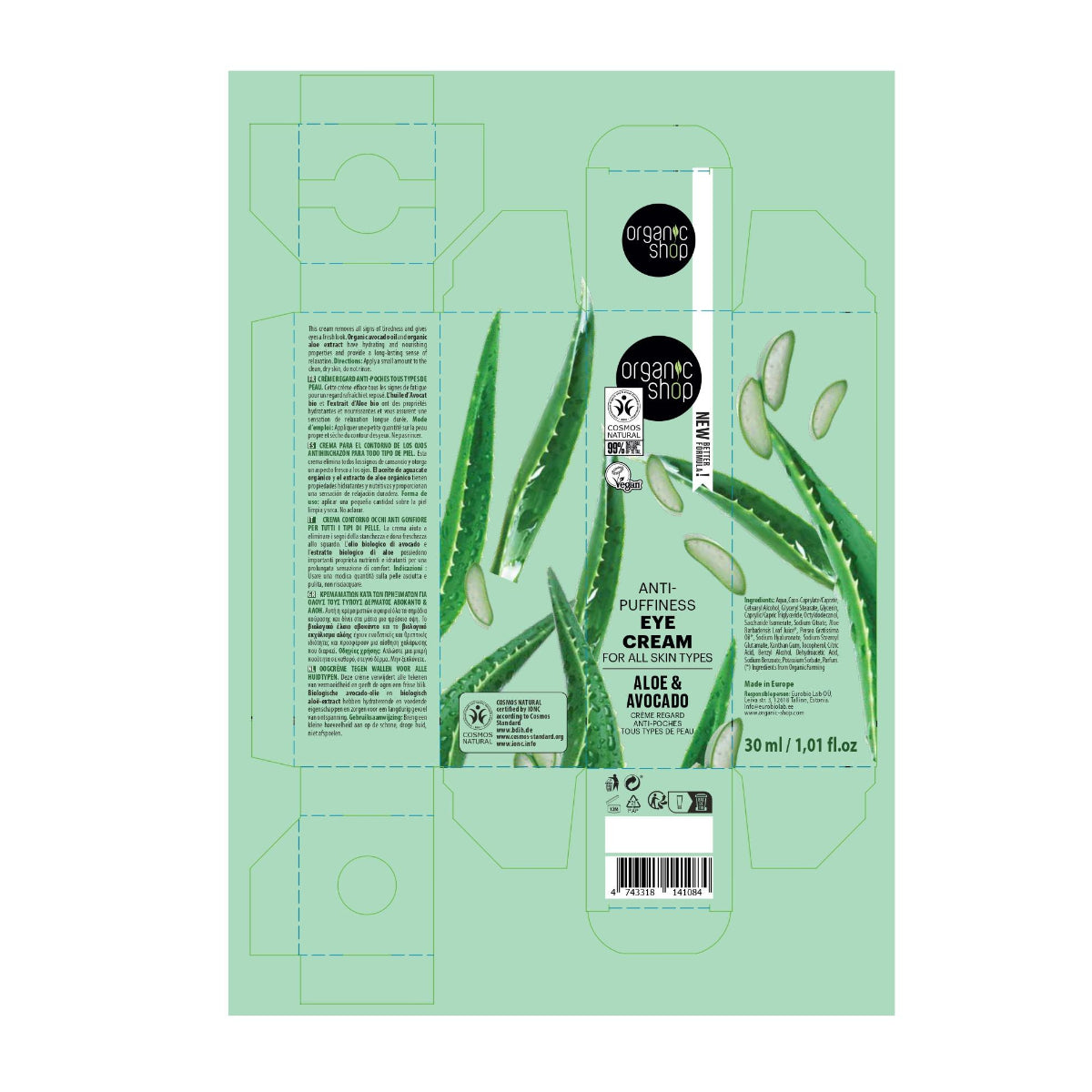 Anti-wallen oogcrème met aloë en avocado Organic Shop 30 ml