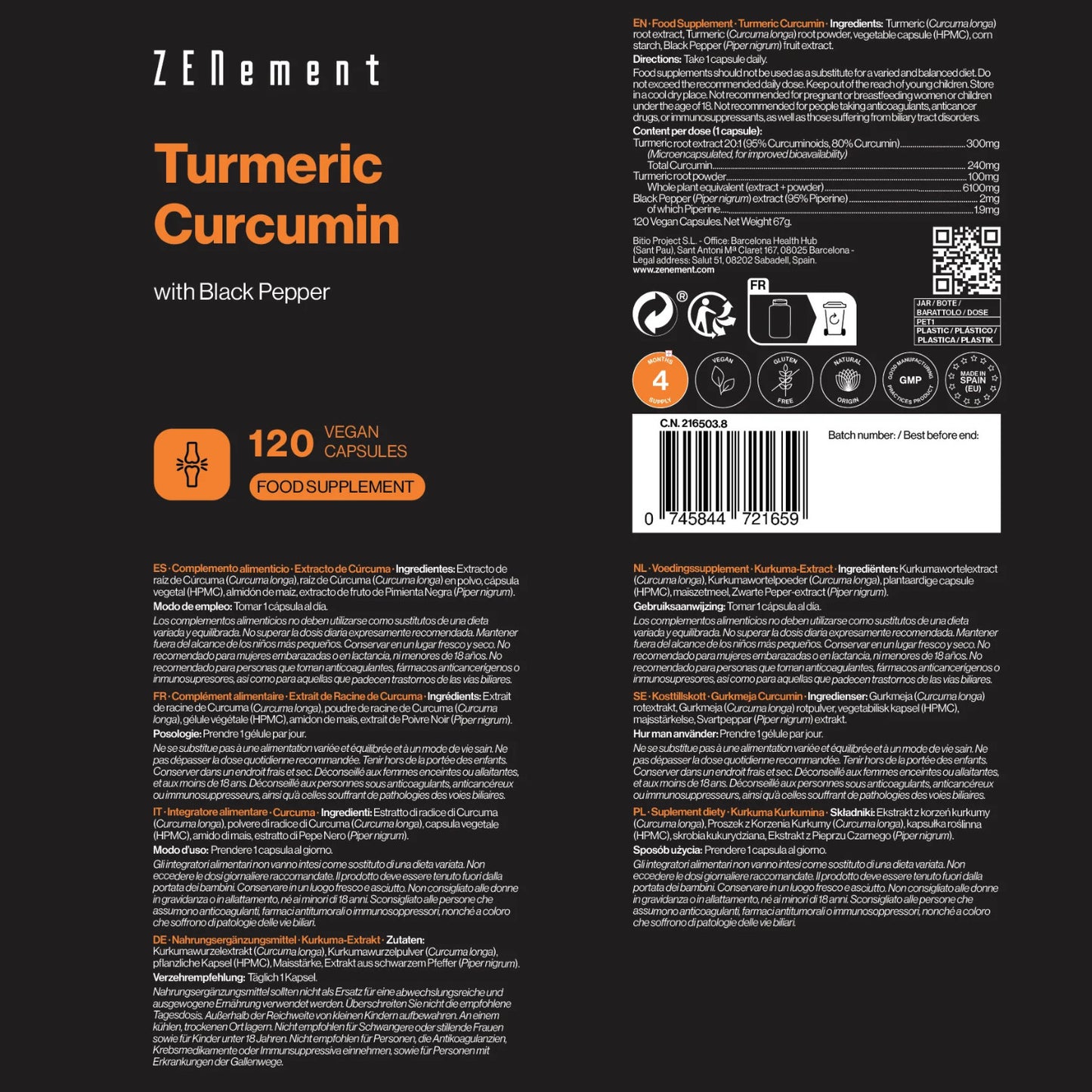 Extrait de curcuma, avec poivre noir, Zenement 120 comprimés