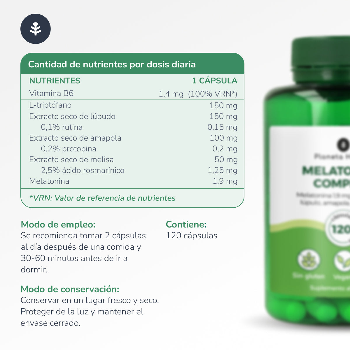 Confezione 2xComplesso di melatonina Planeta Huerto 120 capsule
