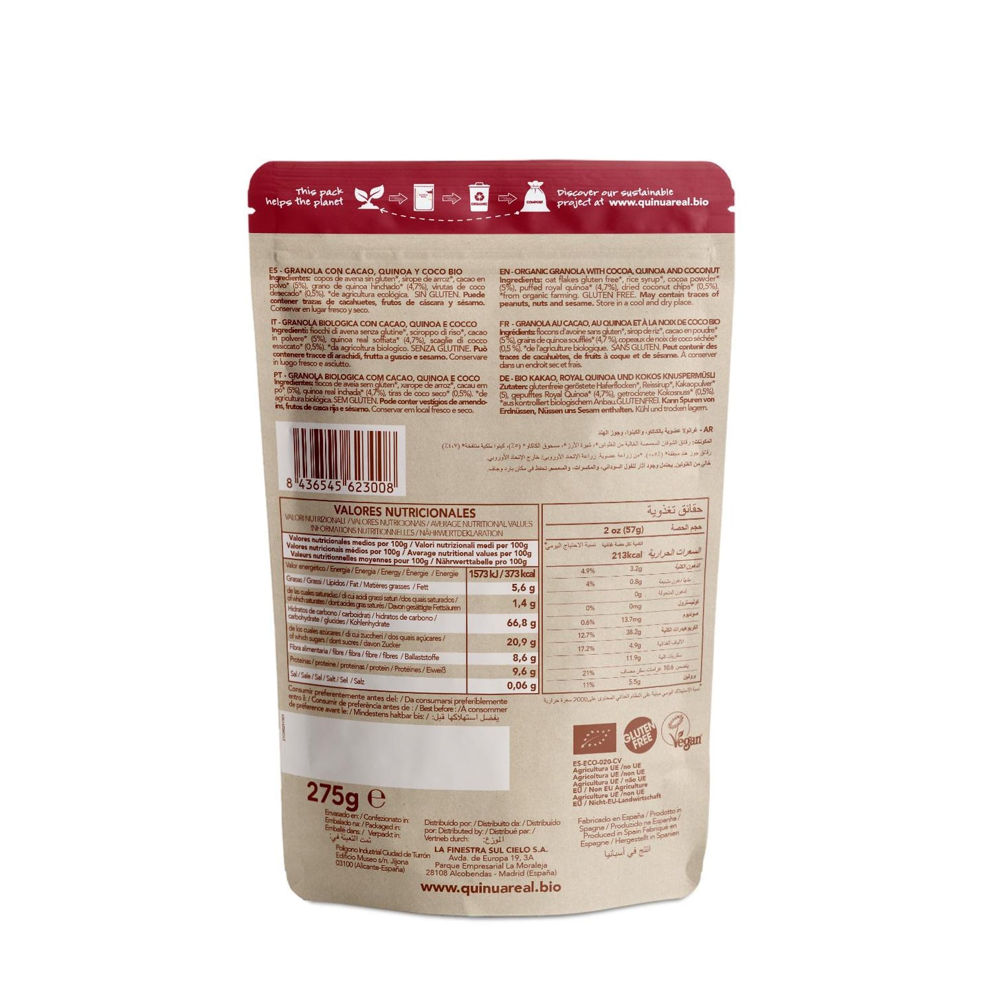 Granola di quinoa reale con cacao e cocco senza glutine BIO La Finestra Sul Cielo 250 g