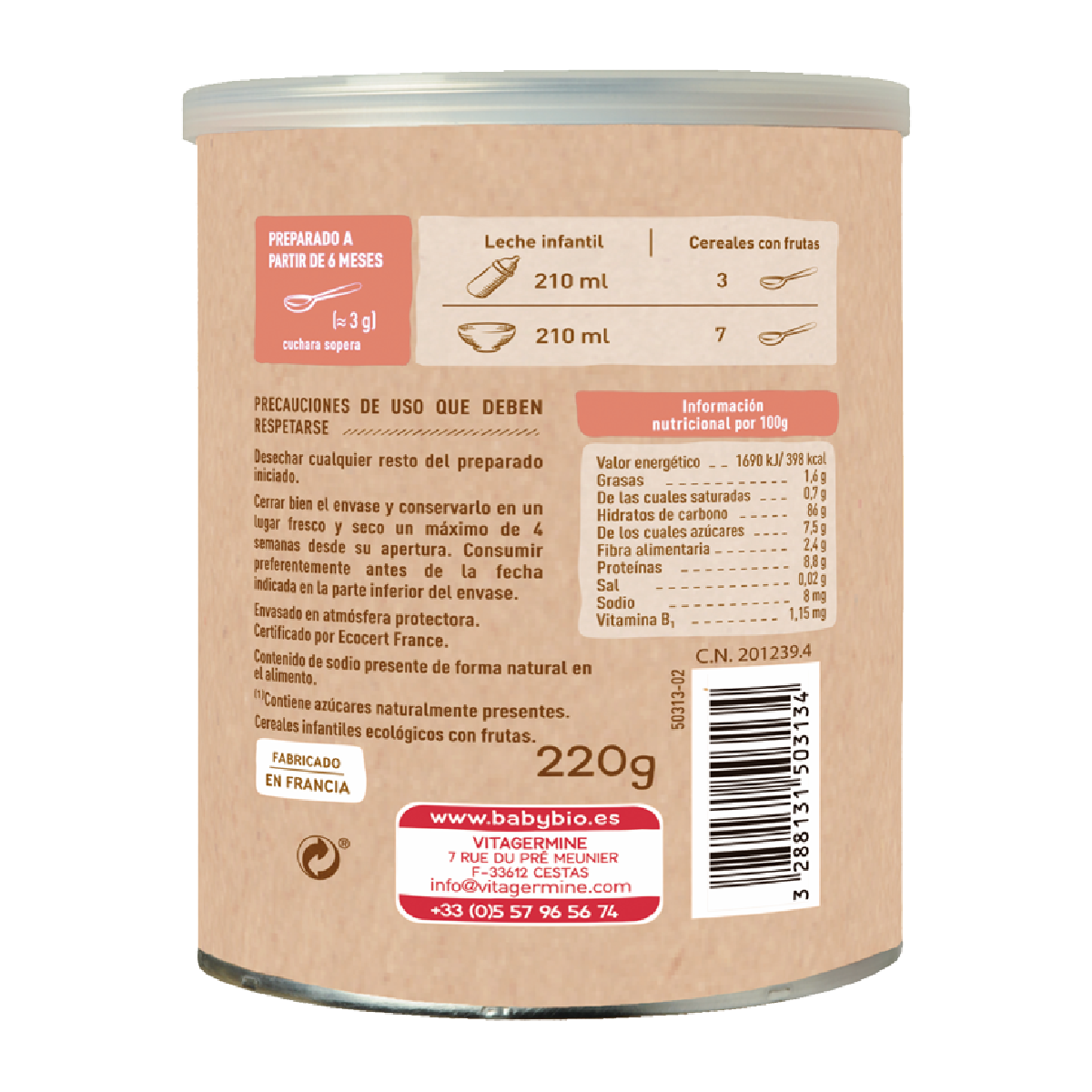 Bouillie 5 céréales aux fruits à partir de 6 mois Babybio 220 g