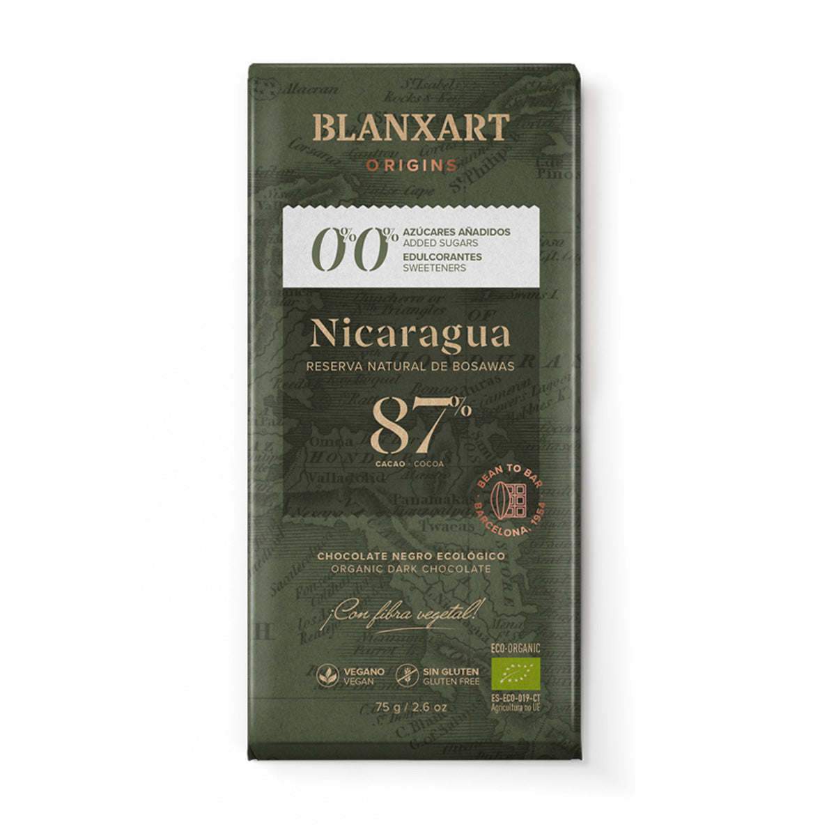 Choklad Nicaragua 87 % utan socker och sötningsmedel, ekologisk, vegansk, glutenfri, Blanxart 75 g