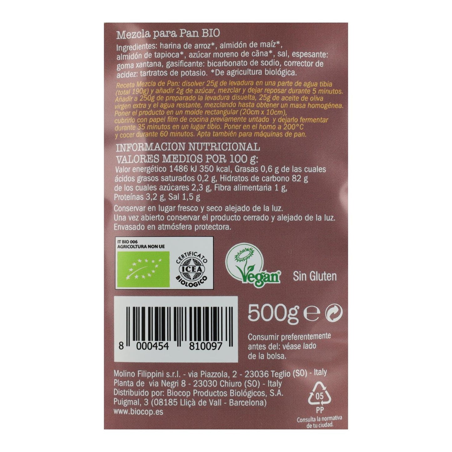 Preparato di farine senza glutine BIO per fare il pane Biovitagral 500 g