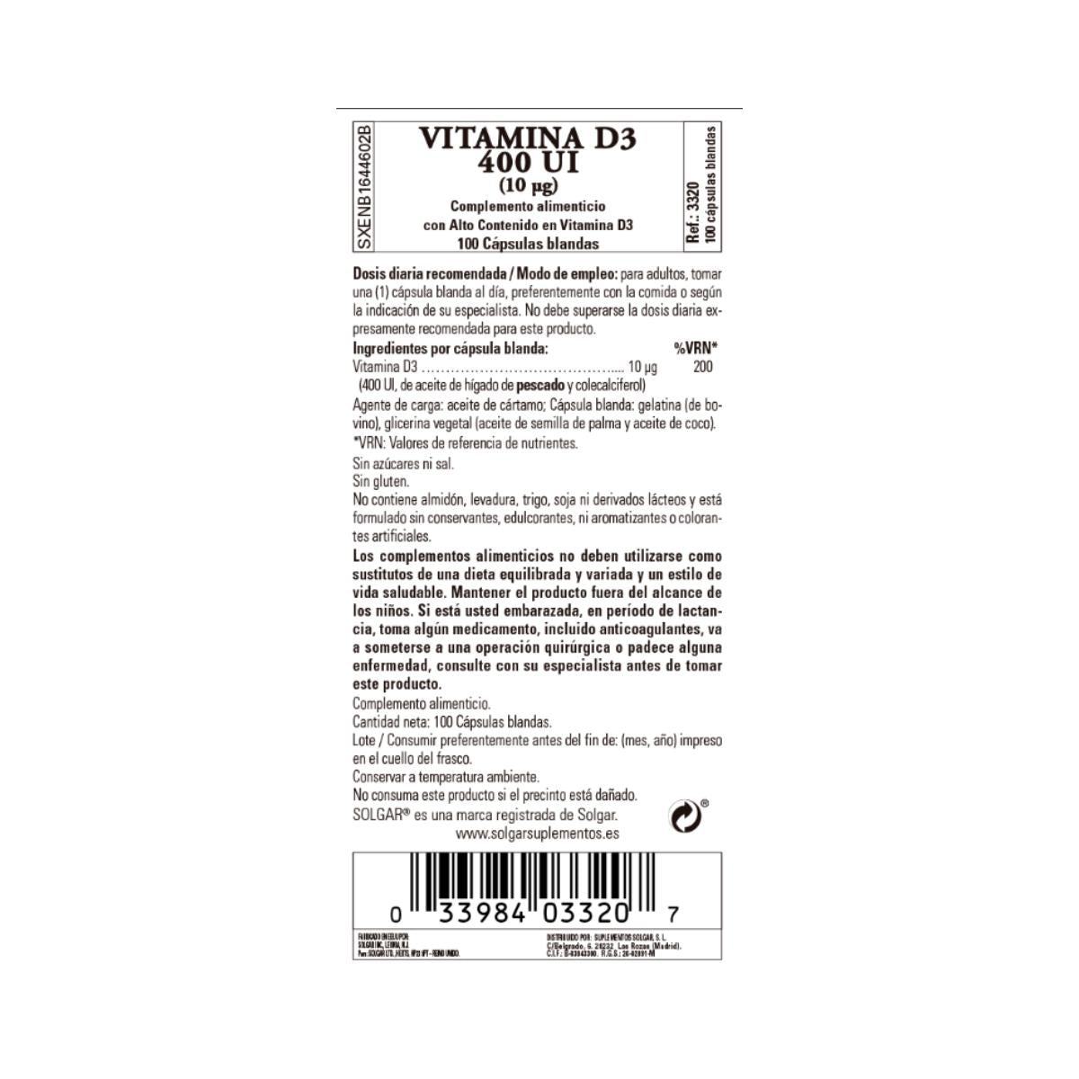 Vitamina D3 400 UI, 100 perlas de 10g