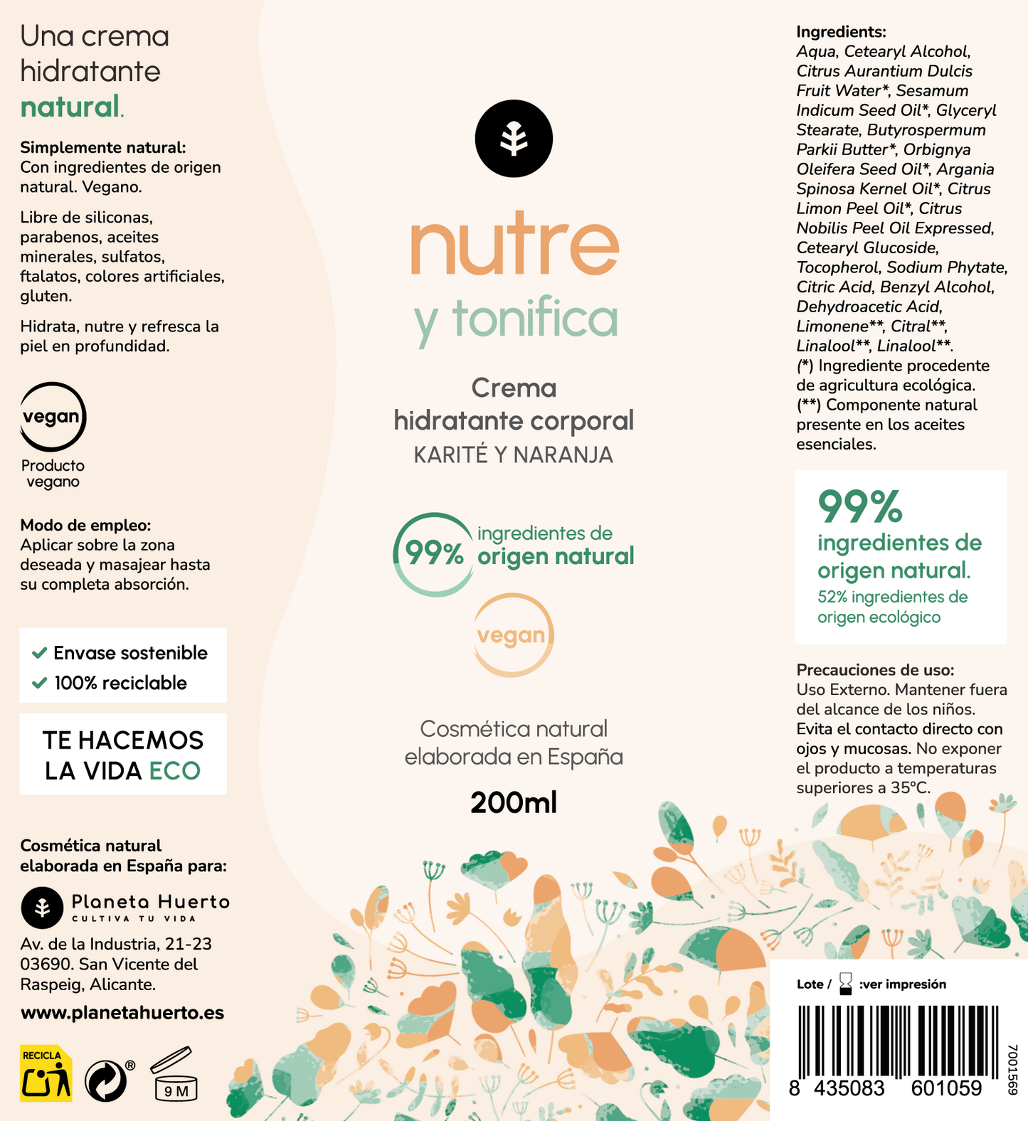 Crema idratante corpo al burro di karité e arancia Planeta Huerto 200 ml