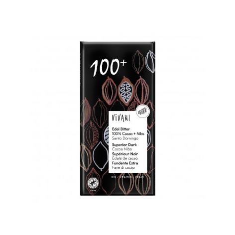 Superieure pure chocolade 100% met biologische cacaonibs Vivani 80 g