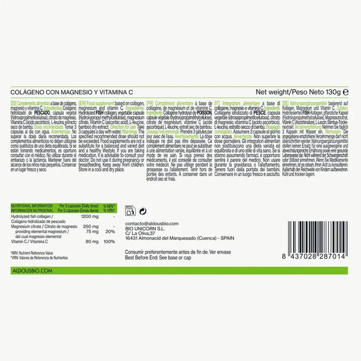 Czysty hydrolizowany kolagen z magnezem i witaminą C Aldous 200 kapsułek
