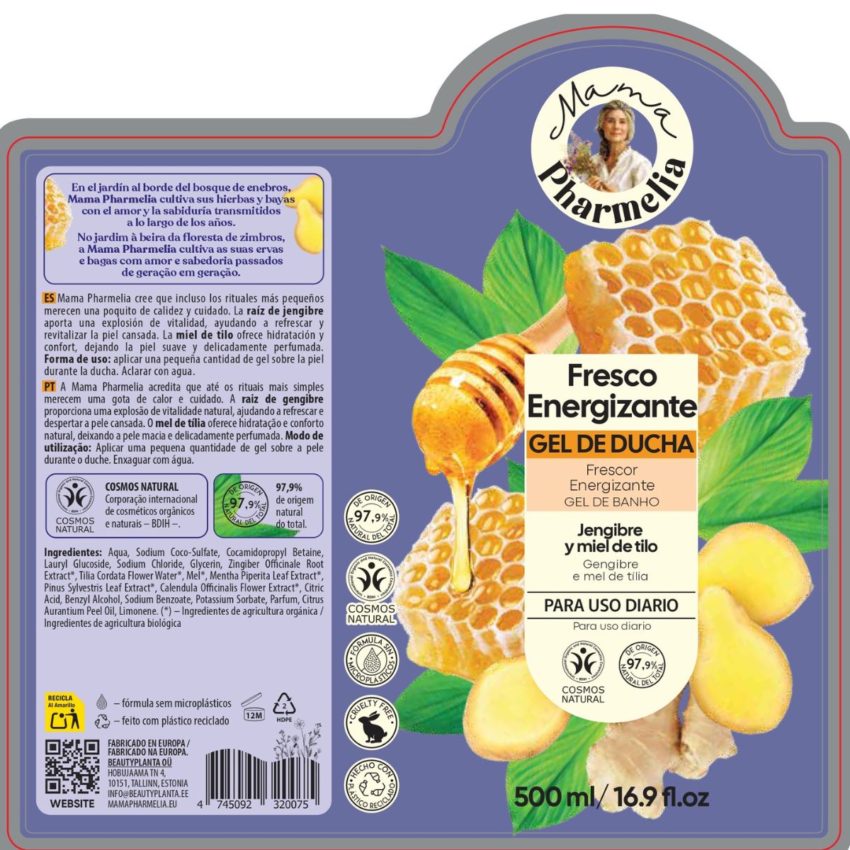 Energiespendendes Duschgel mit Ingwer und Lindenblütenhonig, Mama Pharmelia, 500 ml