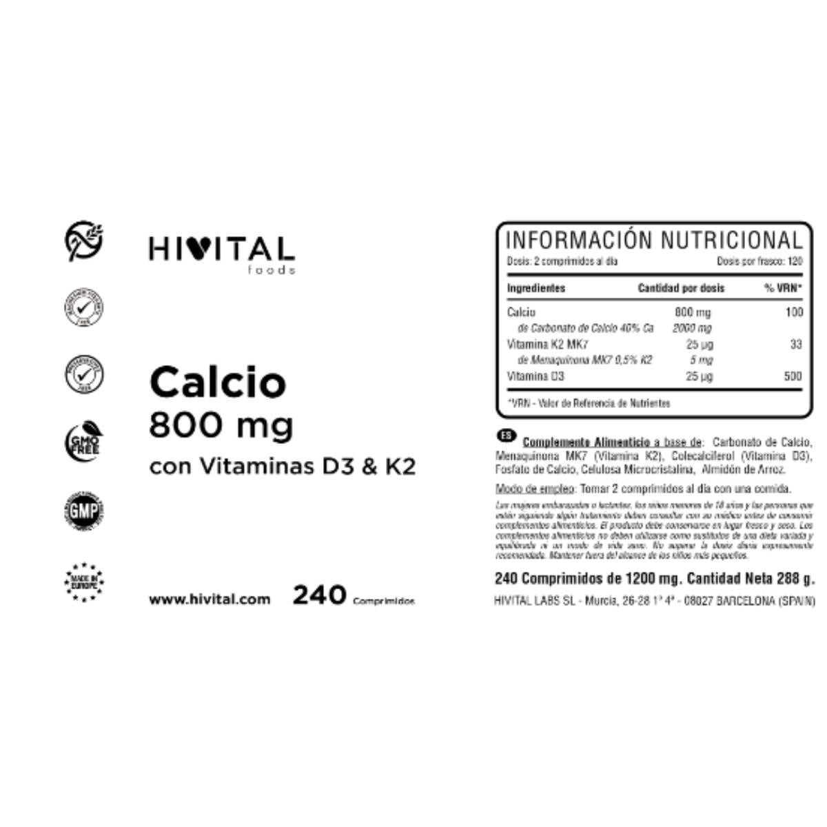 Calcium 800 mg met vitamine D3 en K2 240 tabletten Hivital
