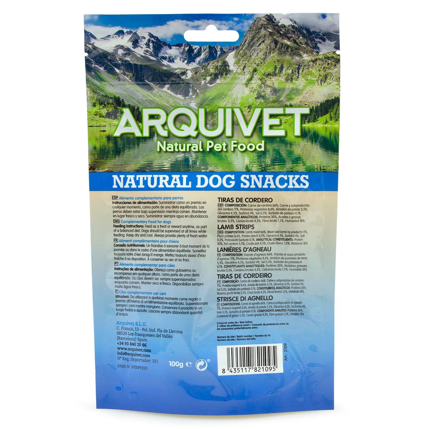 Snack natural para perros Tiras de cordero Arquivet 100 g