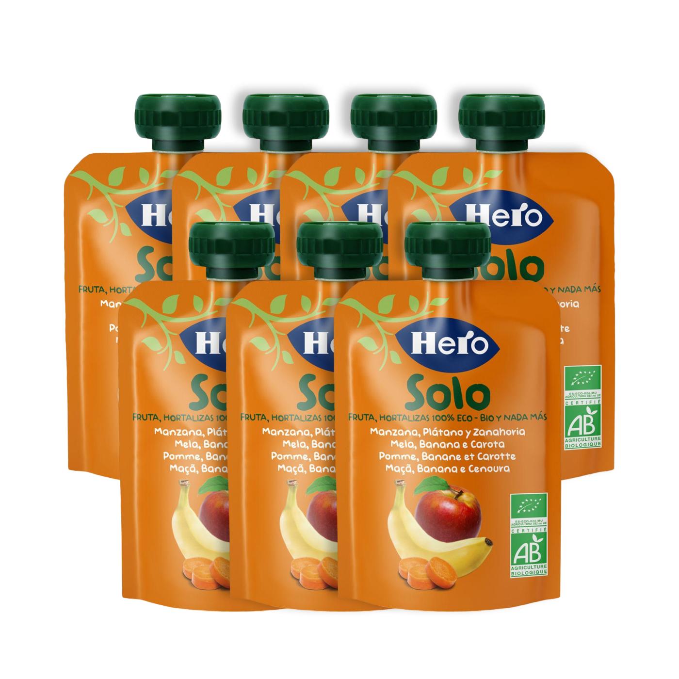Pack of 7 Apple, Banana and Carrot Pouches 100% Organic 100 g - Hero Solo