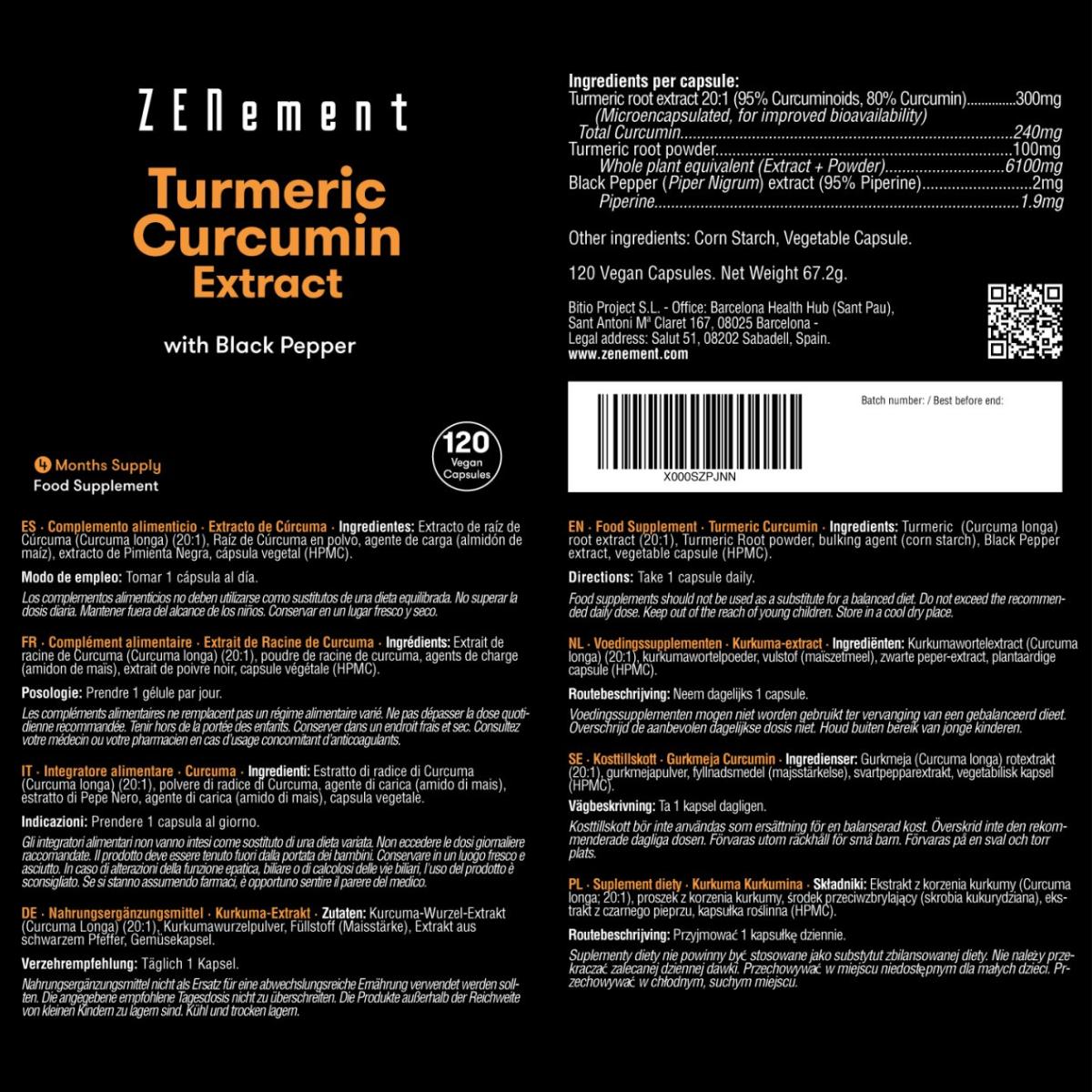 Extrait de curcuma, avec poivre noir, Zenement 120 comprimés