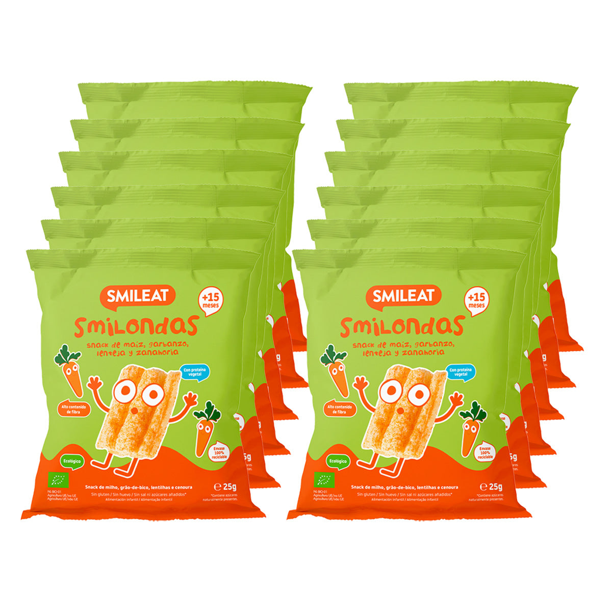 Pack of 12 Smilondas Organic Corn, Chickpea, Lentil and Carrot Snacks, Smileat, 25 g