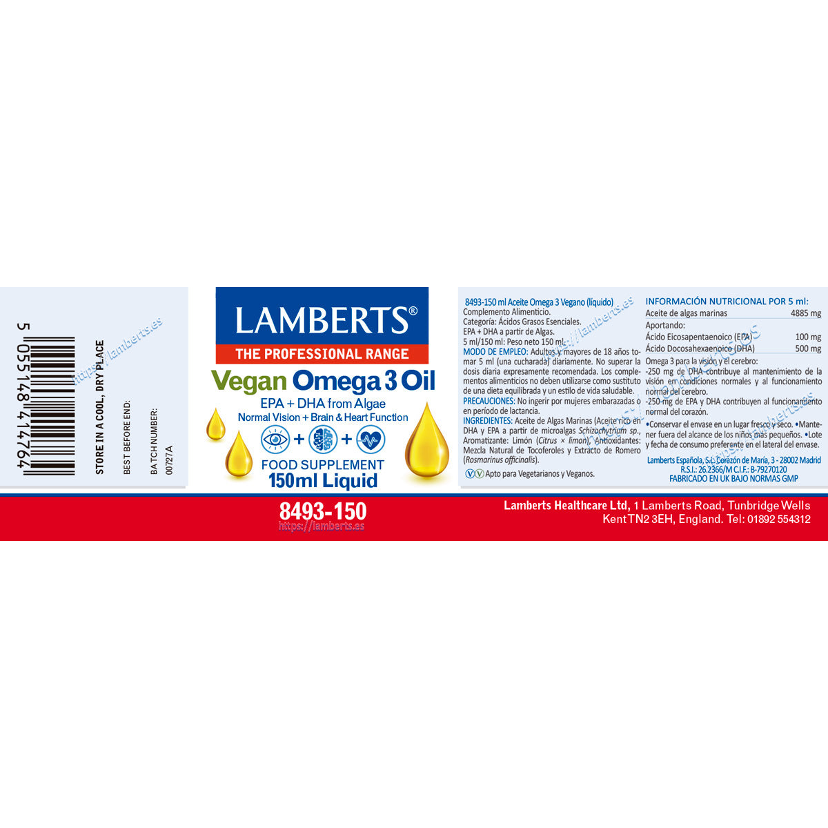 Oméga 3 végétalien liquide, Lamberts, 150 ml
