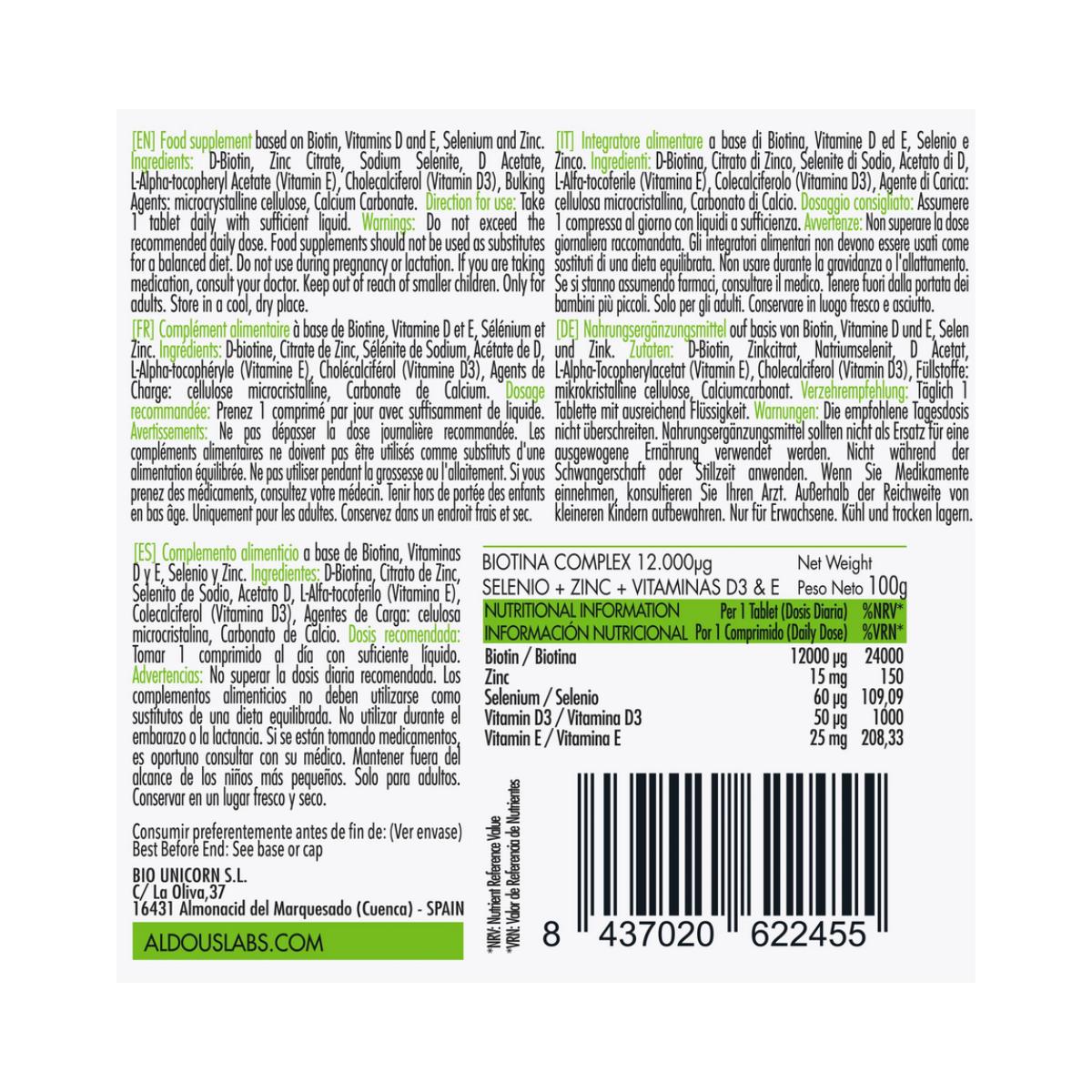 Biotin mit Zink, Selen, Vitamin D3 und Vitamin E, 400 Tabletten, Aldous Labs