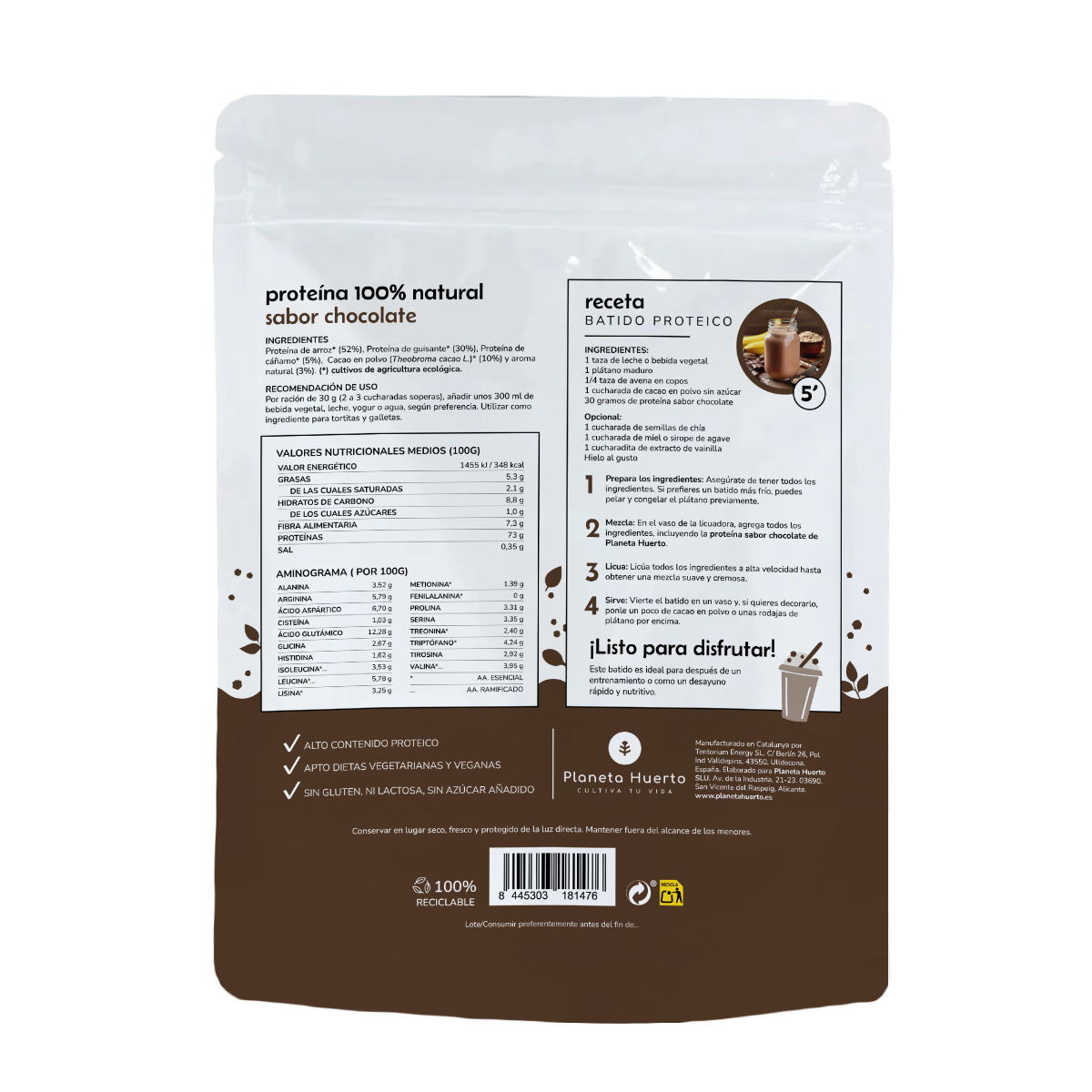 Proteine vegetali ECO 73% cioccolato Planeta Huerto 500 g