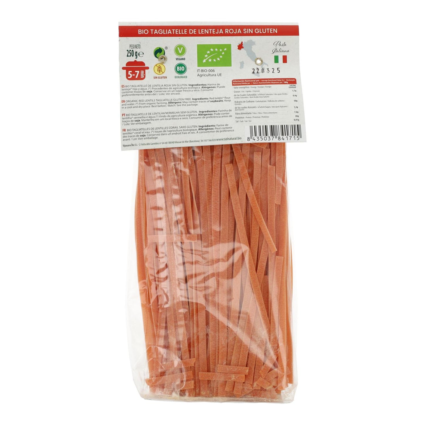Tagliatelle di lenticchie rosse senza glutine bio Sol Natural 250 g