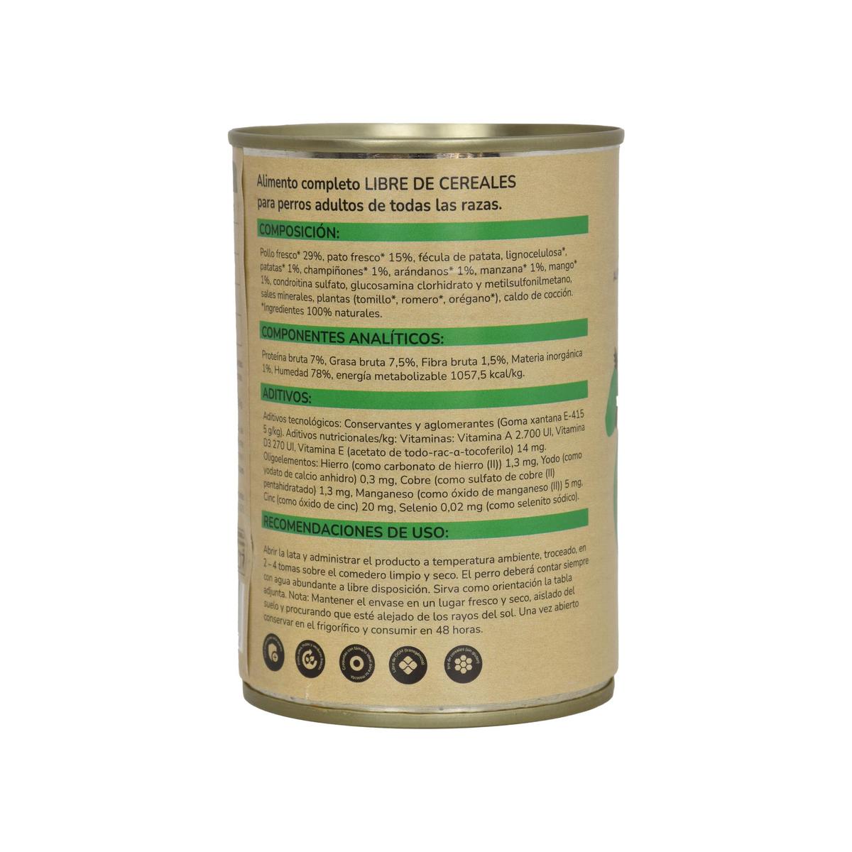 Confezione 6 x Cibo umido per cani Superpremium senza cereali Pollo e Anatra 380 g Planeta Huerto