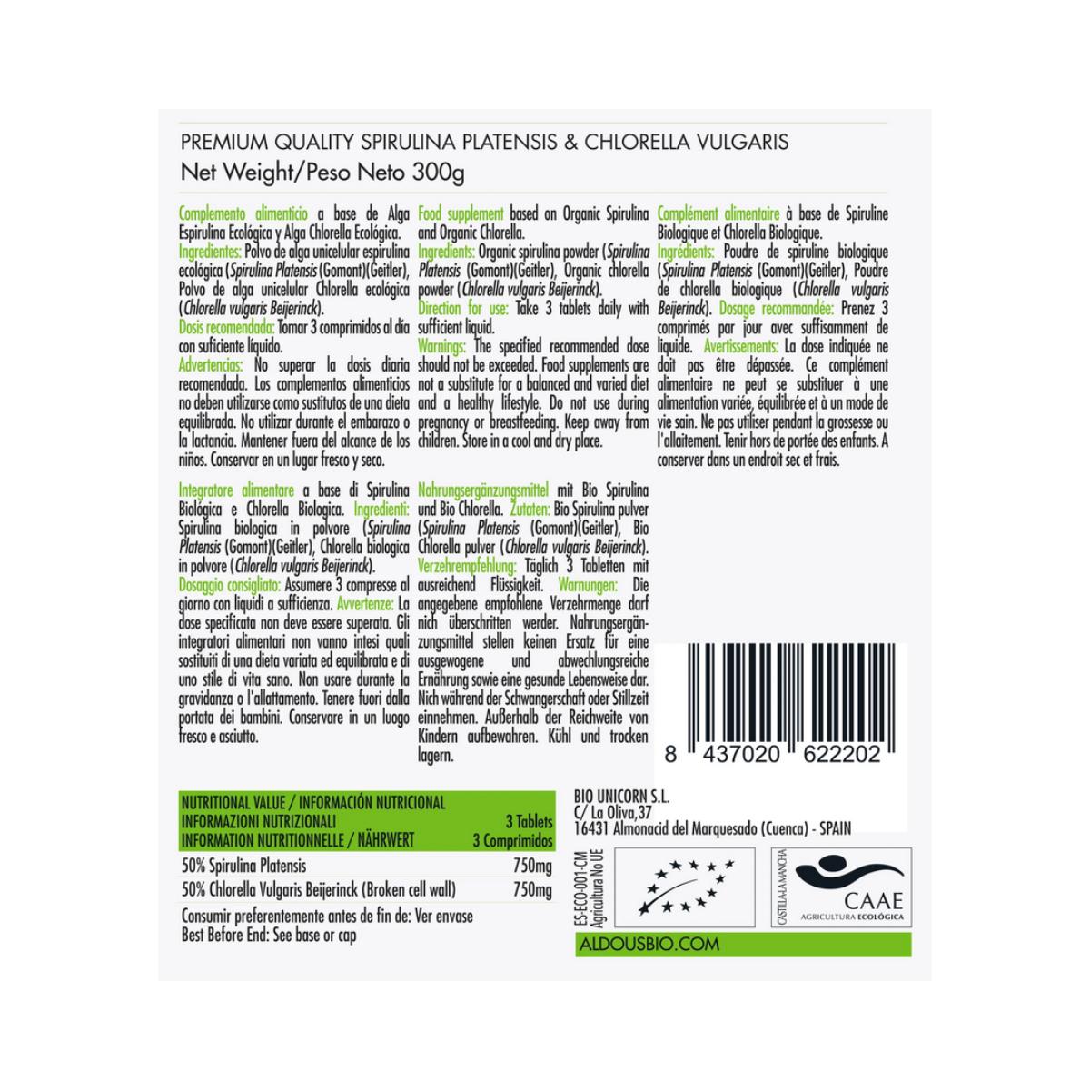 Mix di spirulina e clorella biologica, 600 compresse Aldous Bio